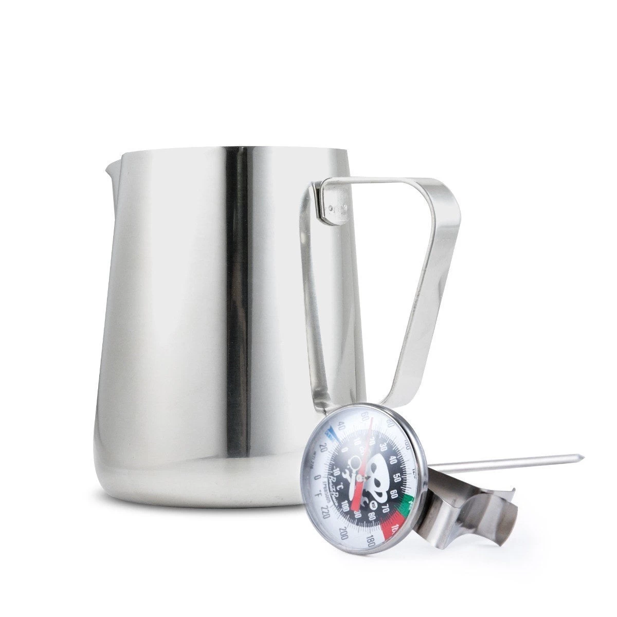 32oz. Espresso Milk Steaming Pitcher & Thermometer Combo 3 32oz. Espresso Milk Steaming Pitcher & Thermometer Combo